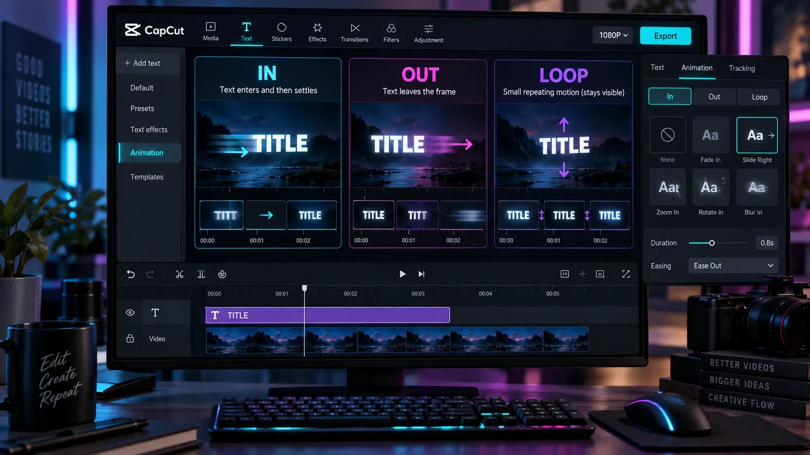 CapCut text animation choices for entrance, exit and repeating motion