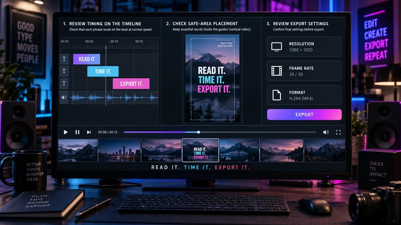 CapCut kinetic typography timing, safe-area and export review