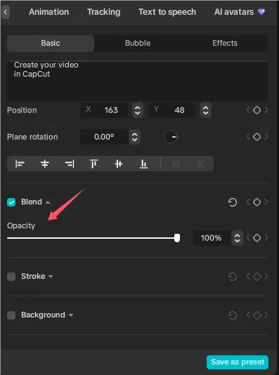 CapCut Text Basic panel with the Opacity slider highlighted at 100 percent