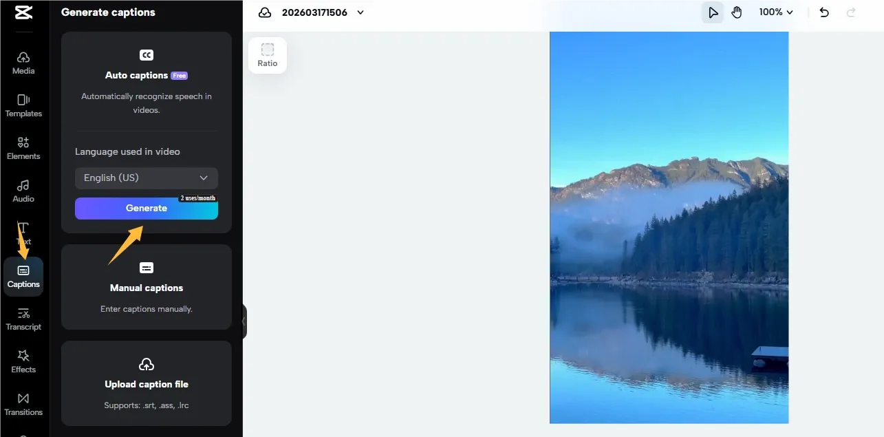 CapCut Web language selection and Generate button with an example usage counter