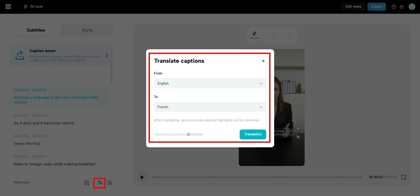 CapCut Web Translate captions dialog with From and To languages and a warning that translation removes existing highlights