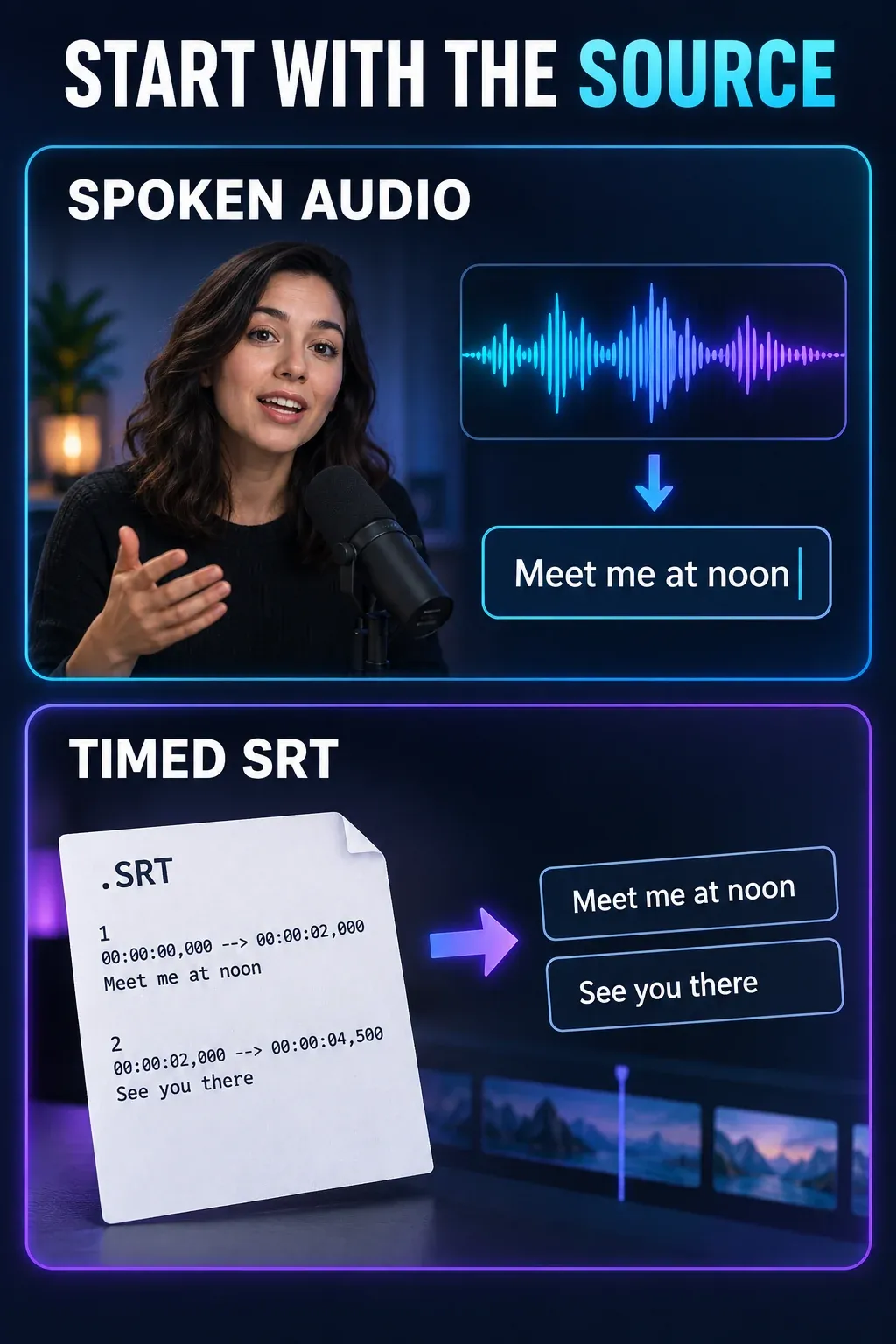 Diagram comparing captions generated from spoken audio and imported timed SRT text