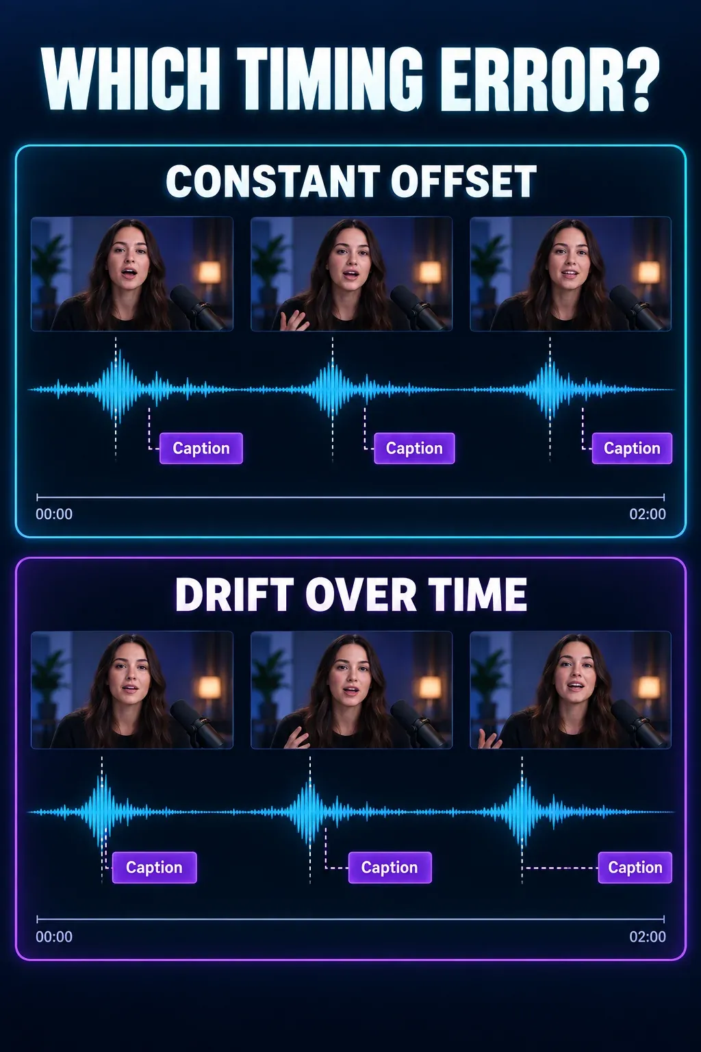Timeline diagram contrasting a constant caption offset with timing that drifts progressively