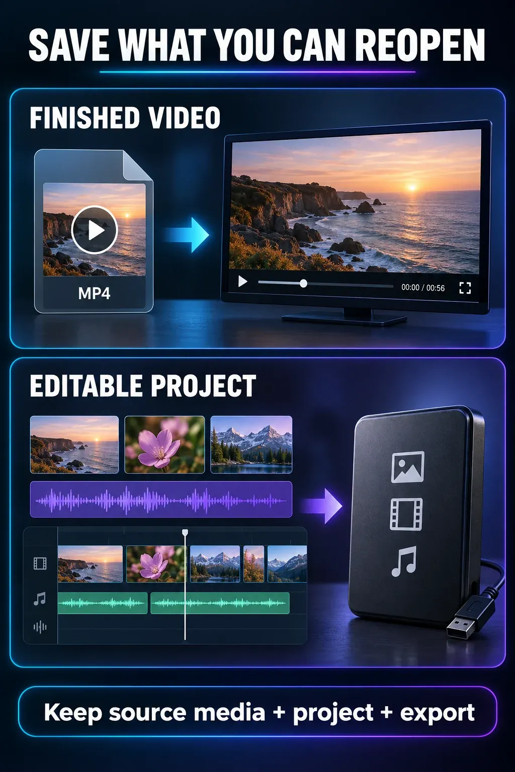 Comparison of a finished video file and editable project materials with source media