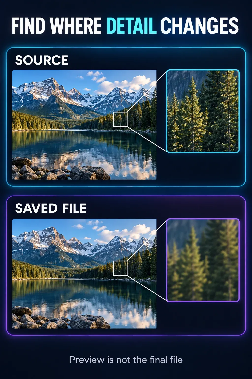 Visual diagnostic comparing original footage detail and the separately opened saved file