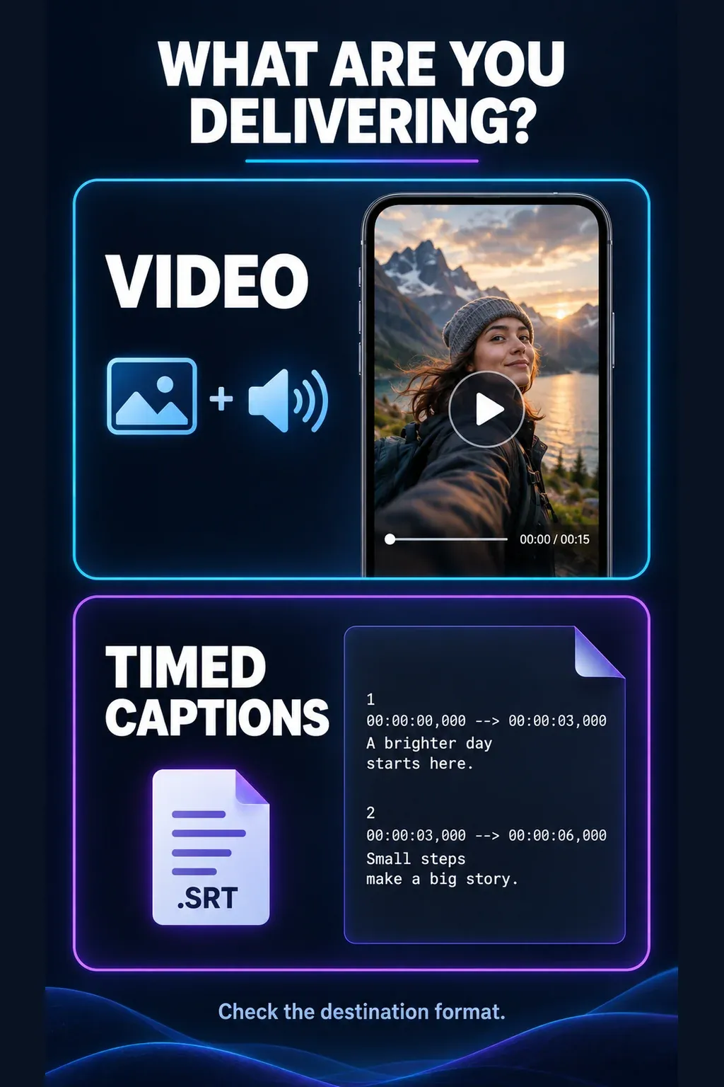 Illustration comparing delivery of a finished video with a timed subtitle file