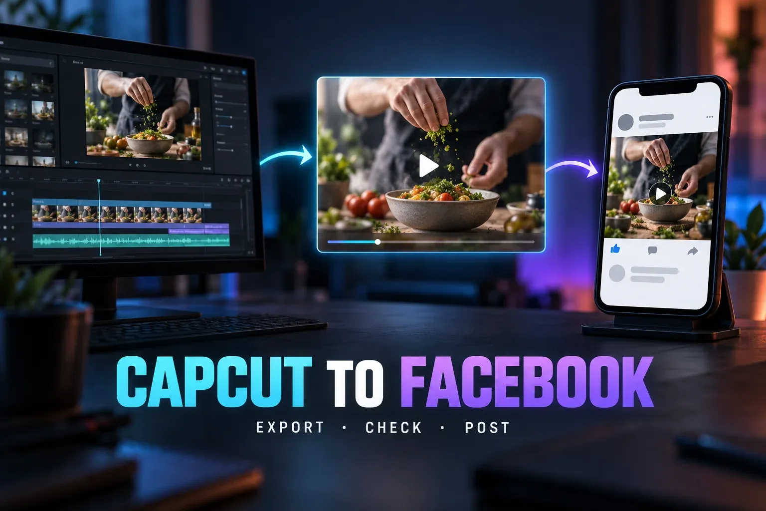 CapCut video edit moving through a saved-file check to a Facebook post preview