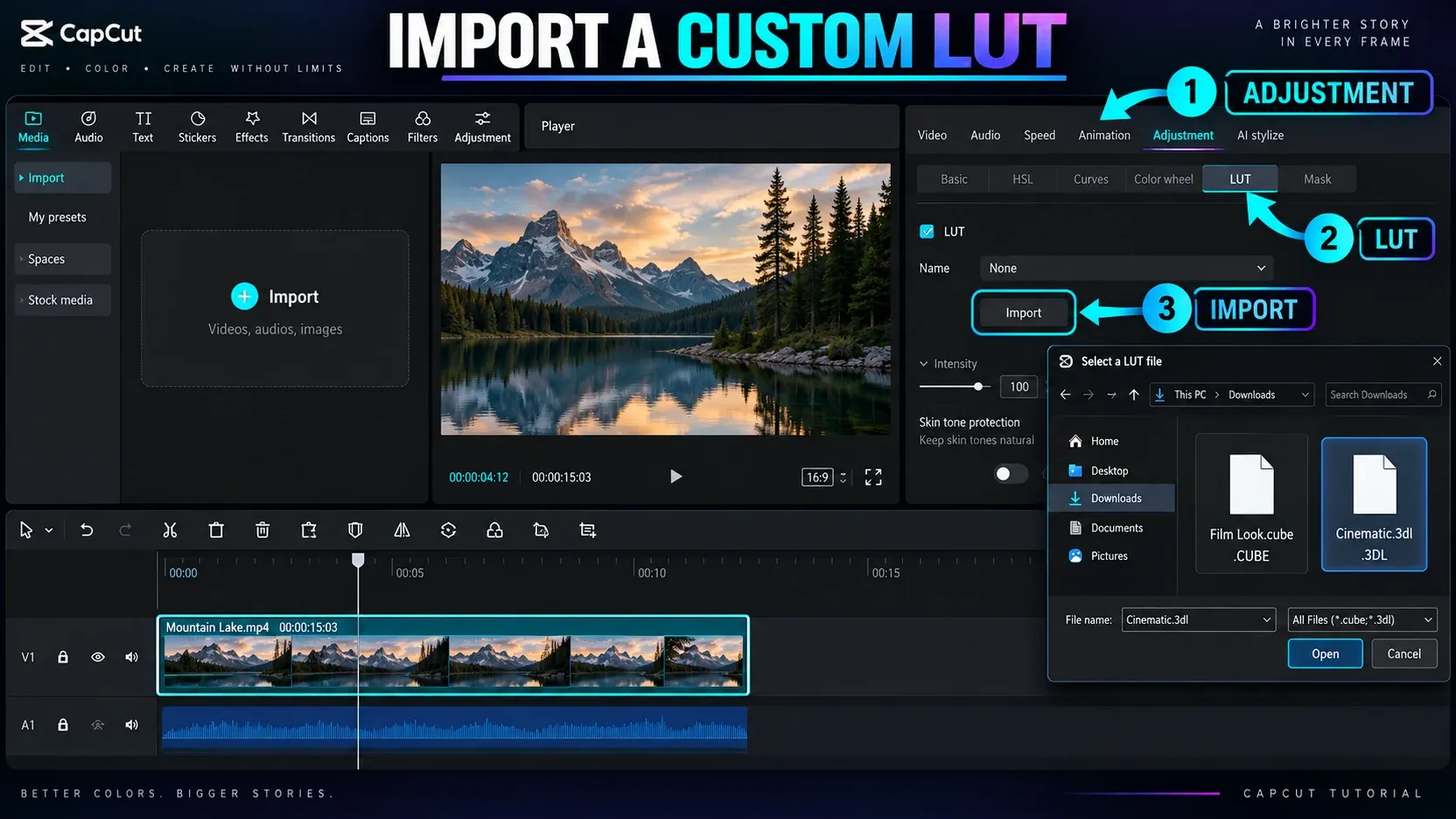 CapCut Desktop Adjustment panel with LUT Import and CUBE or 3DL file choices