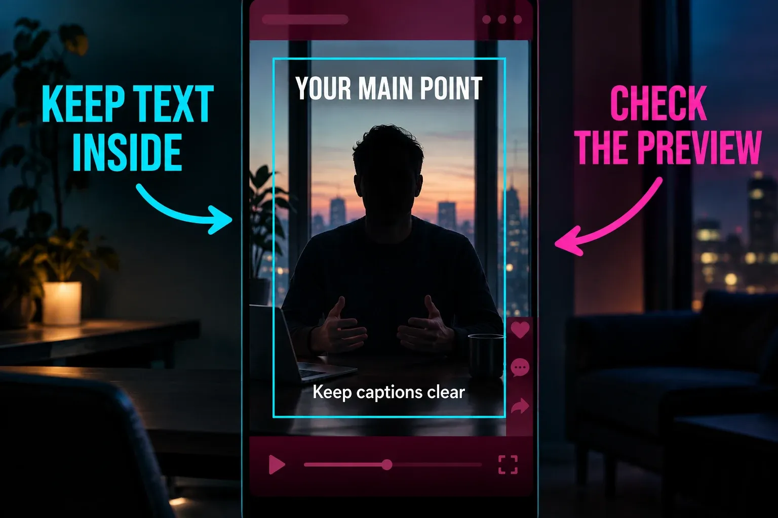 Vertical video with headline and captions clear of LinkedIn player overlays and frame edges