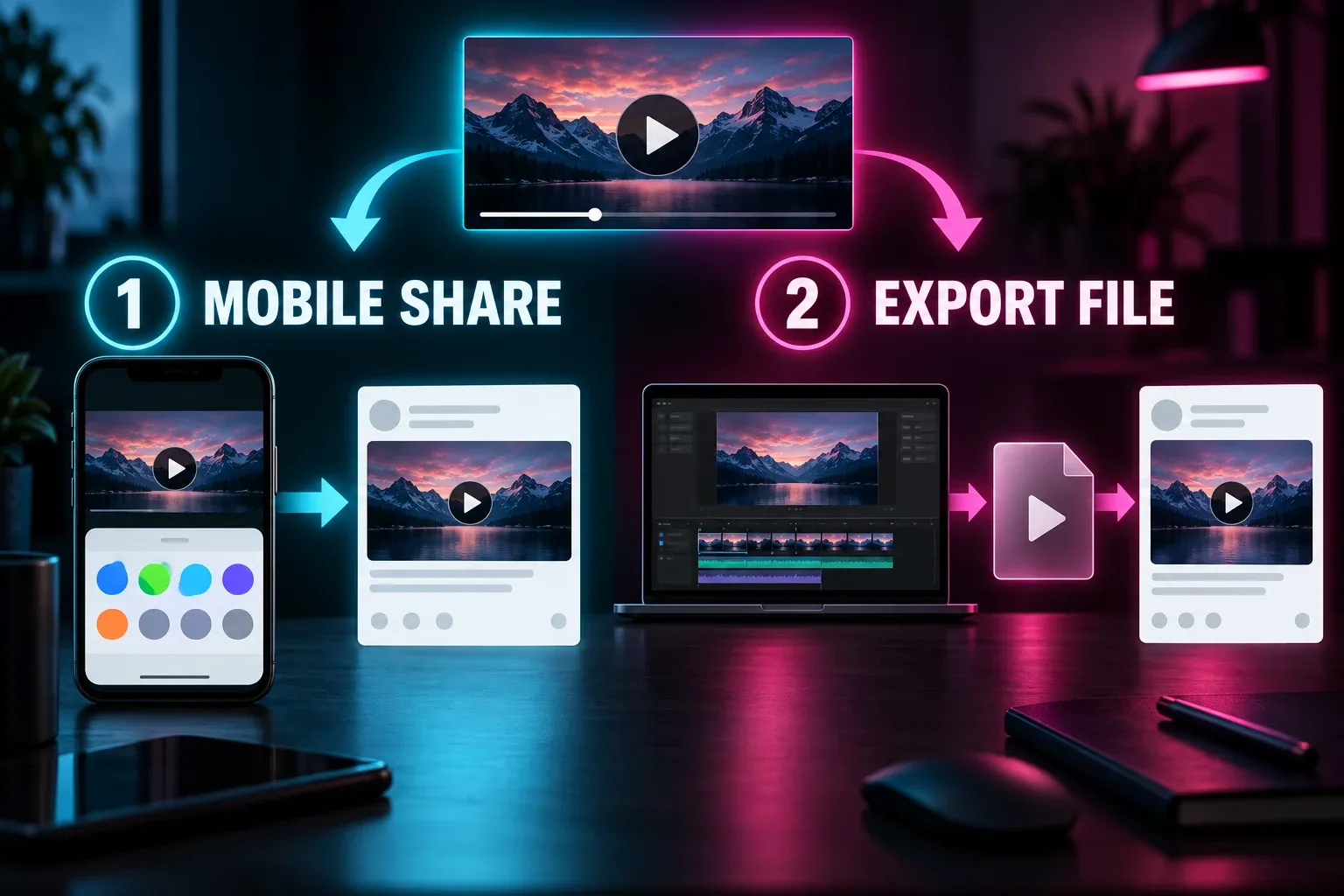 A finished vertical CapCut edit branches into a direct mobile share and a saved-file LinkedIn upload