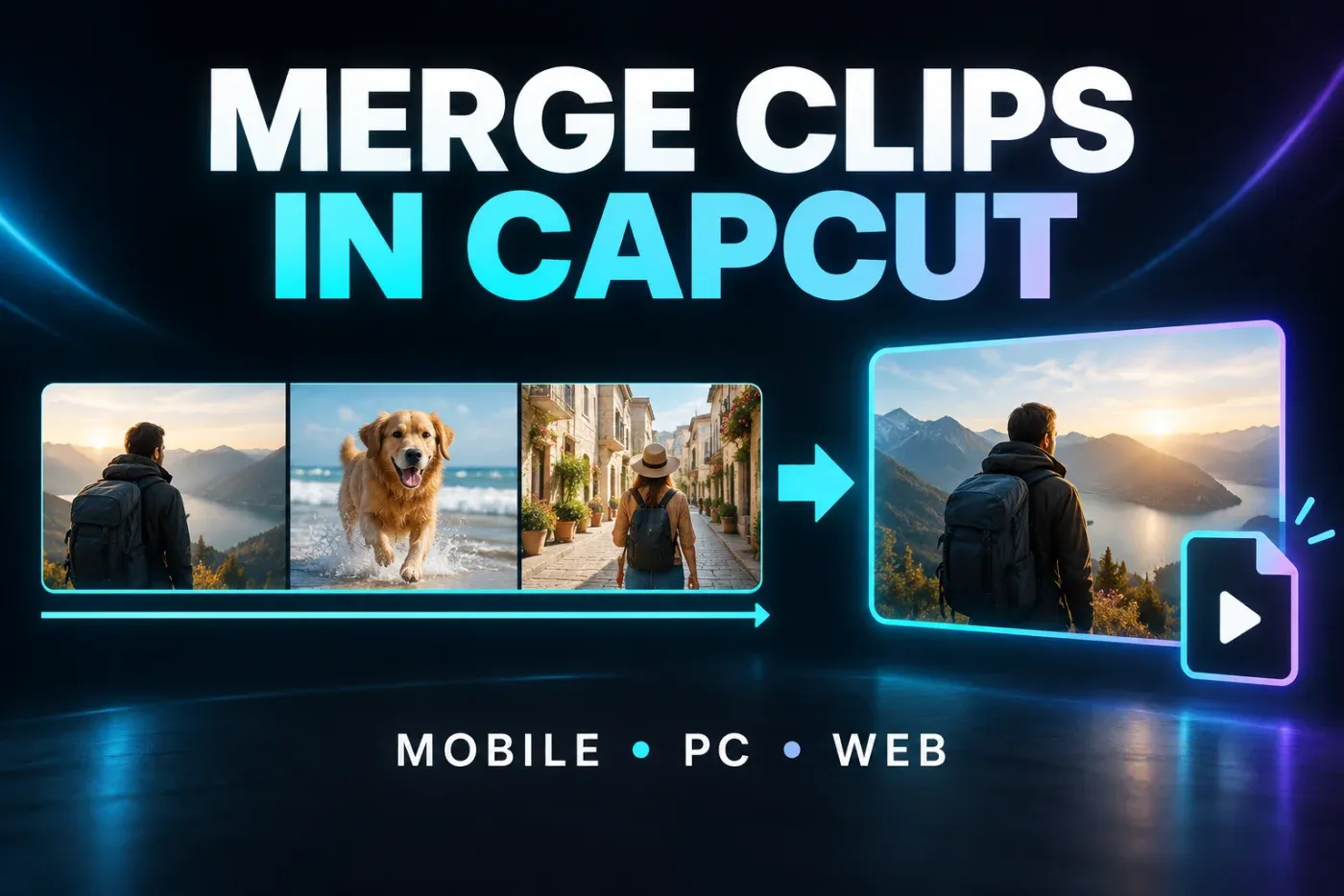 Three video clips arranged as one sequential CapCut timeline for Mobile, PC and Web