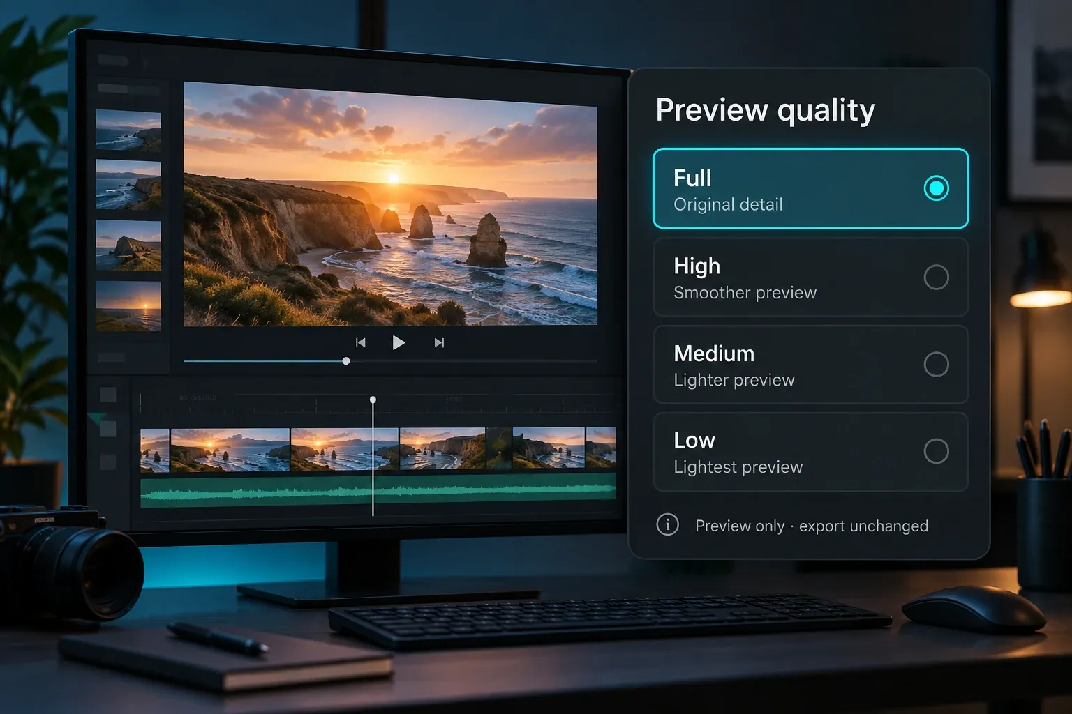 CapCut Desktop preview quality choices Full, High, Medium and Low, separate from export quality