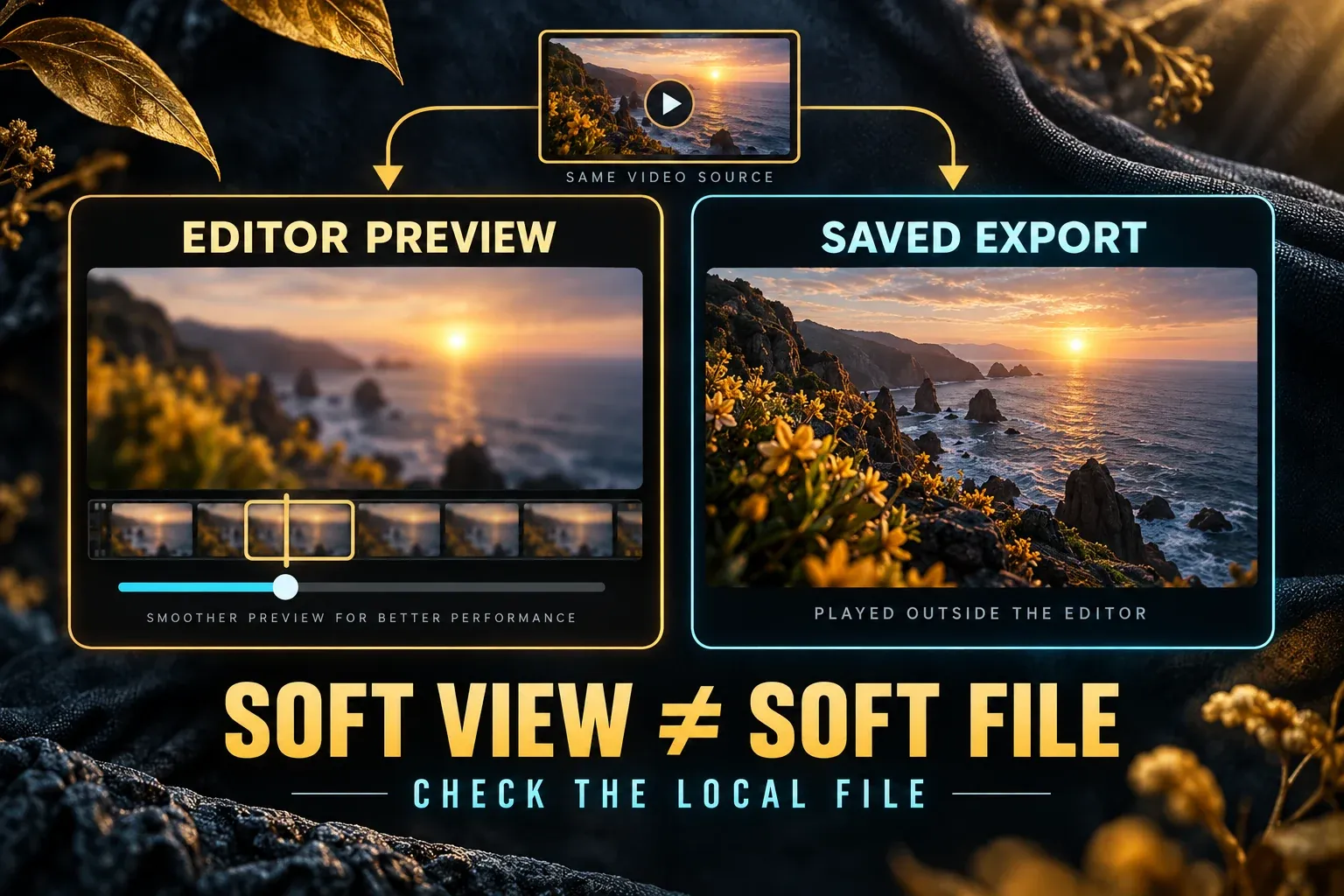 Soft editor preview beside a sharp saved video: compare the local export outside CapCut
