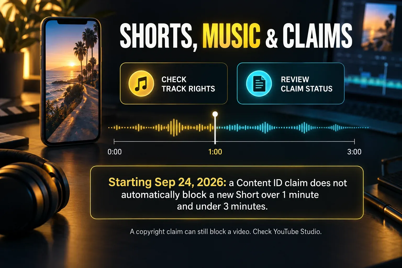 YouTube Shorts music and Content ID checks for new Shorts over one minute and under three minutes starting September 24, 2026