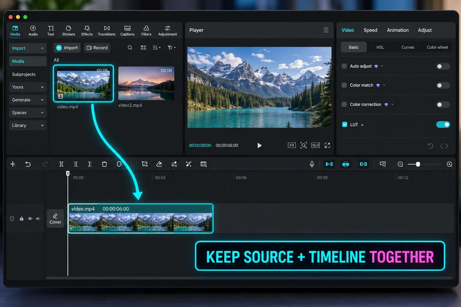 CapCut timeline with source media and editor review context