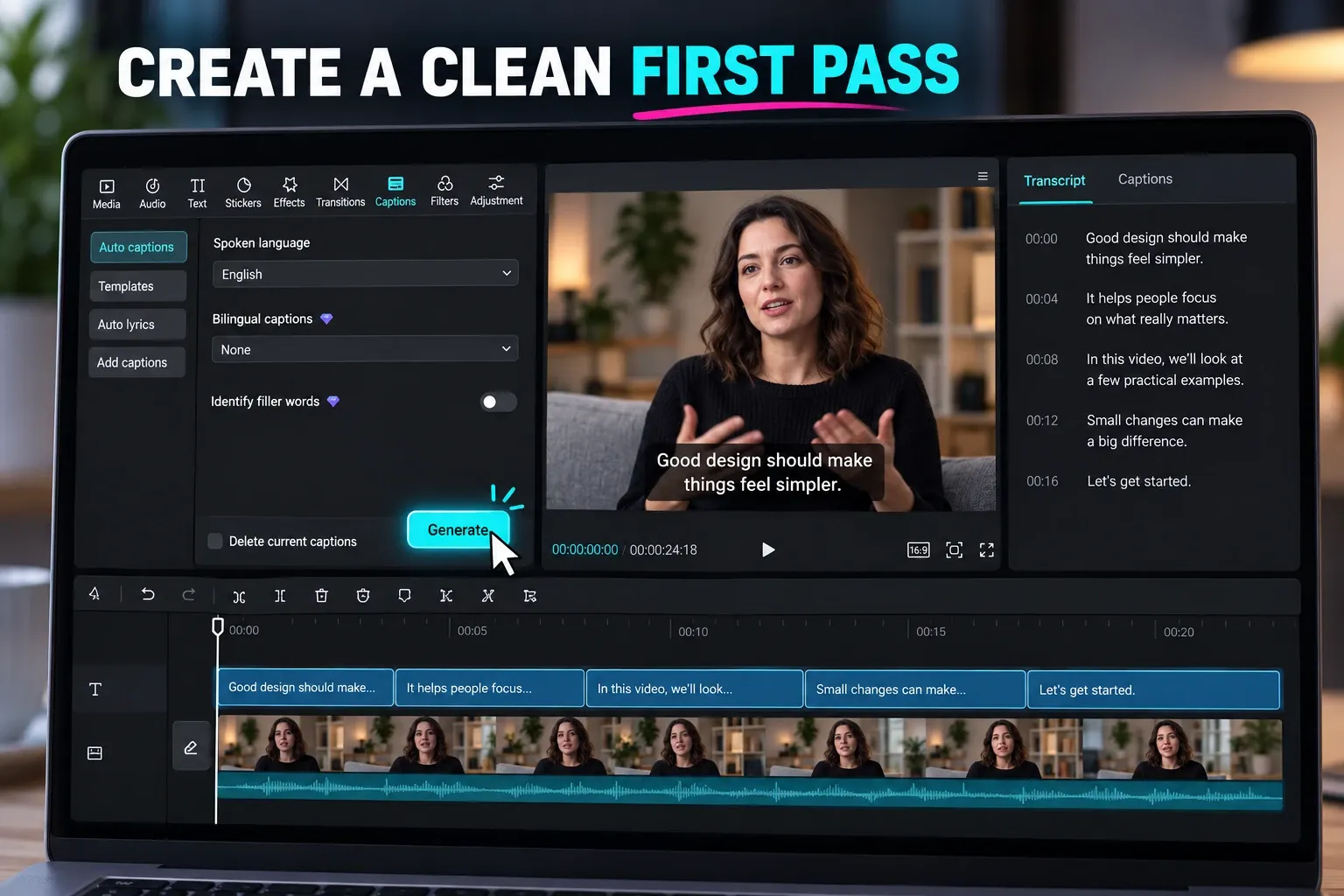 CapCut transcript setup for creating the first speech-to-text pass