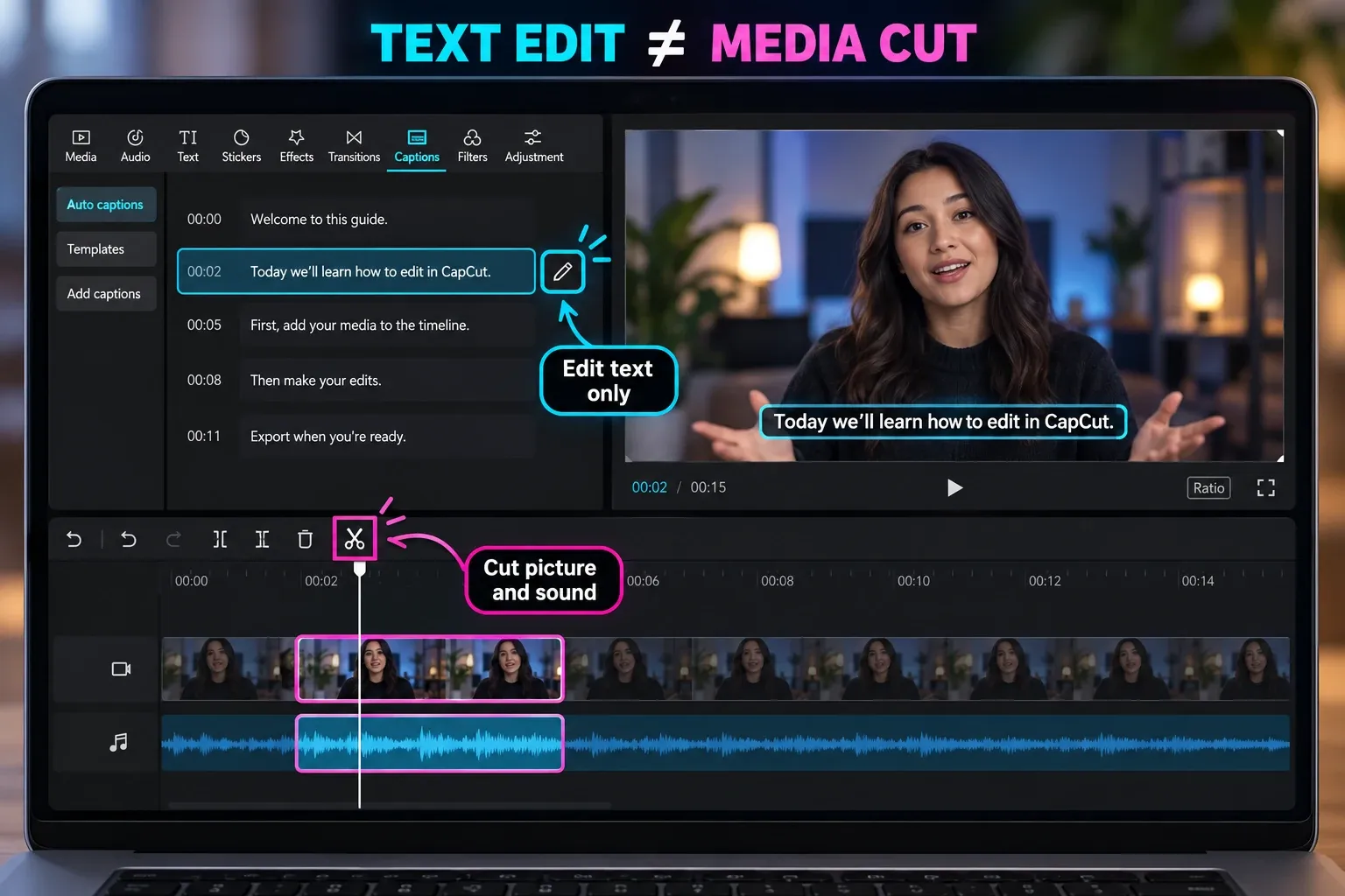 CapCut transcript editor showing a text correction and a linked media cut