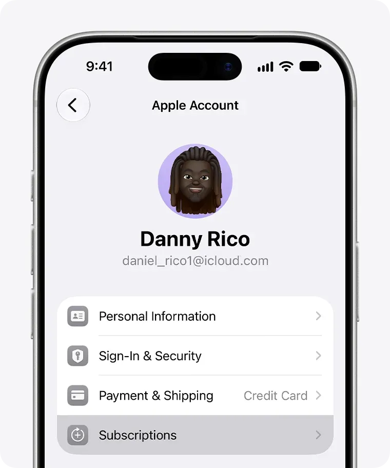 Subscriptions control in Apple Account settings on iPhone