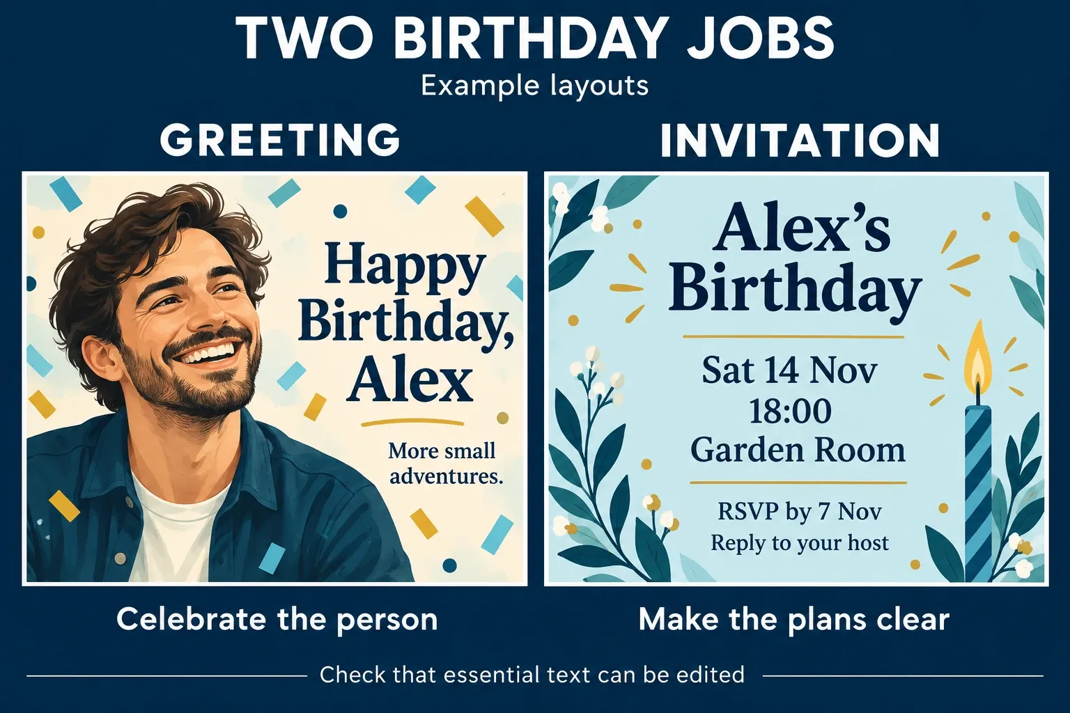 Birthday greeting for Alex beside an invitation with separate date, time, venue and RSVP details