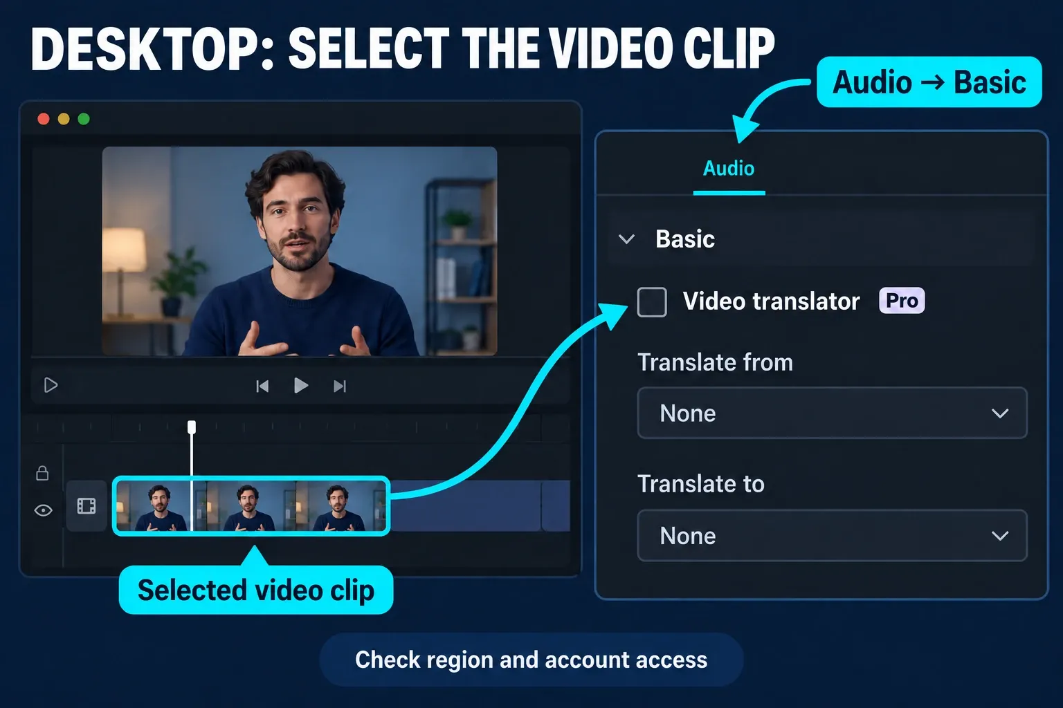 Selected Desktop video clip leading to the Audio Video translator checkbox and Translate from and Translate to controls