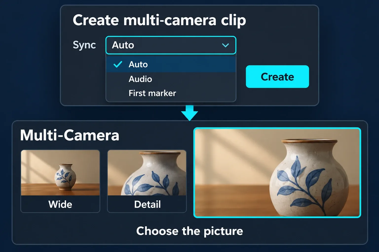 Desktop multicam controls with Auto, Audio and First marker sync choices, a Create button, then a separate Multi-Camera preview with wide and detail angles