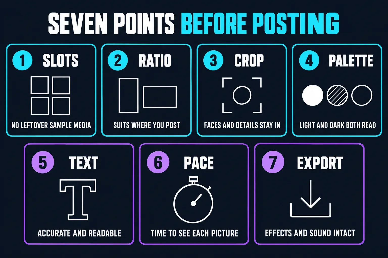Seven points to review in an aesthetic template edit before posting: no leftover sample media in the slots, a ratio that suits where you post, a crop that keeps faces and details, a palette where light and dark photos both read, accurate text, a pace that gives time to see each picture and an export with effects and sound intact