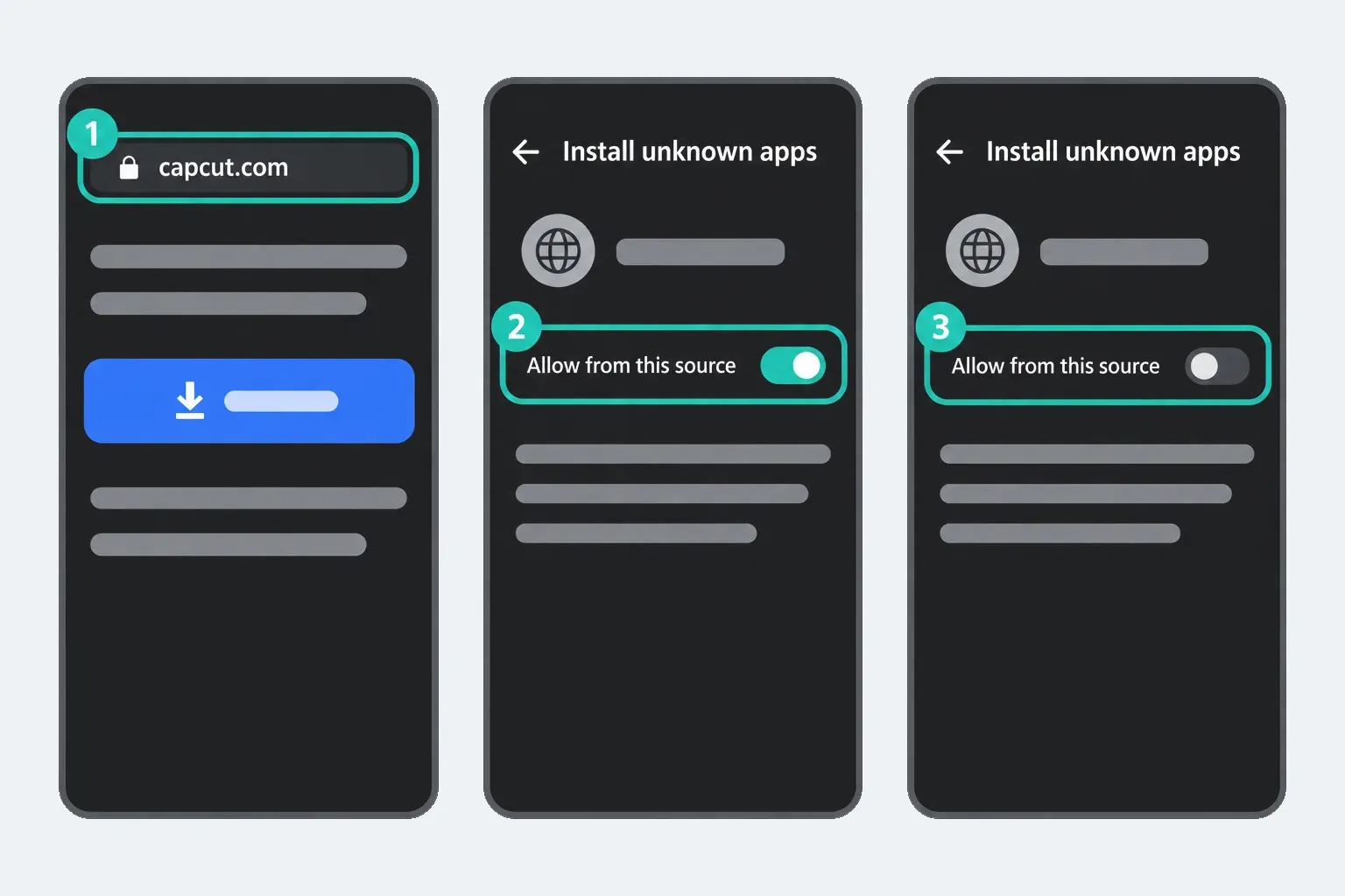 Three Android steps: capcut.com typed in the browser address bar, Allow from this source switched on under Install unknown apps, then switched off again