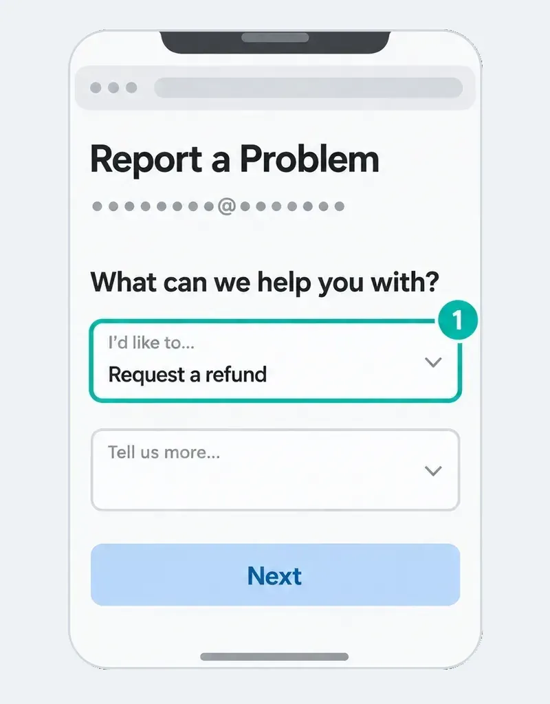 Report a Problem on a phone with the numbered I’d like to menu set to Request a refund, above the Tell us more field and the Next button