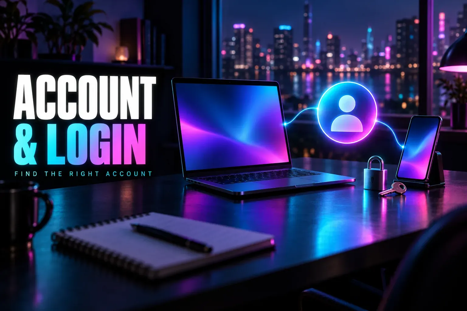 Laptop and phone on a night desk linked by a glowing profile badge, with a padlock and key beside the phone, under the title Account & Login