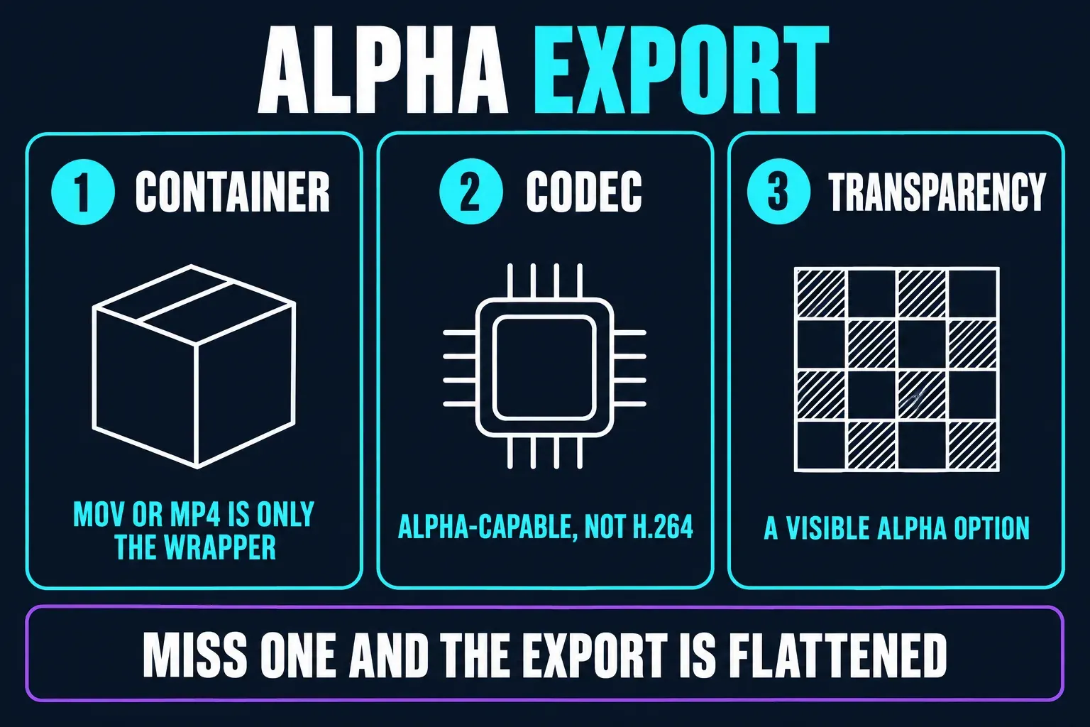 Three separate choices for a transparent video export: the container, where MOV or MP4 is only the wrapper; an alpha-capable codec rather than H.264; and a visible transparency or alpha option, with any one missing leaving the export flattened