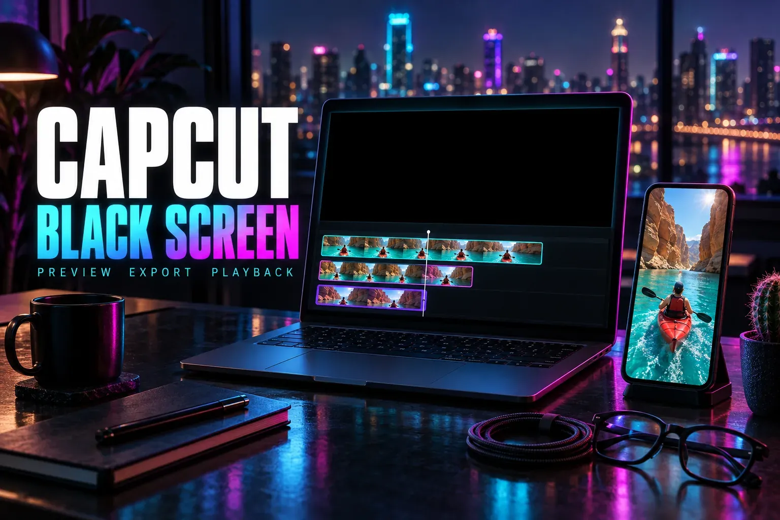 Laptop with a black preview above a kayak timeline and a phone on a stand playing the kayak clip, with a cable, glasses and a cactus, under the title CapCut Black Screen