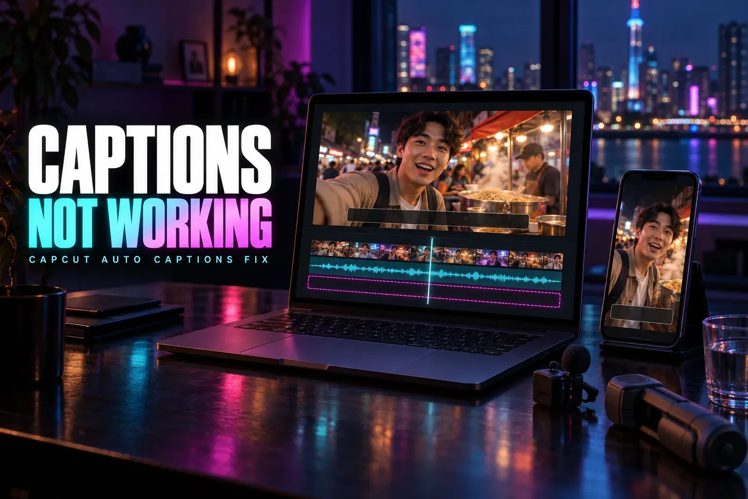 Laptop timeline with a speech waveform and an empty caption row, a phone showing a night-market vlogger, a lav mic, a gimbal and water, under the title Captions Not Working