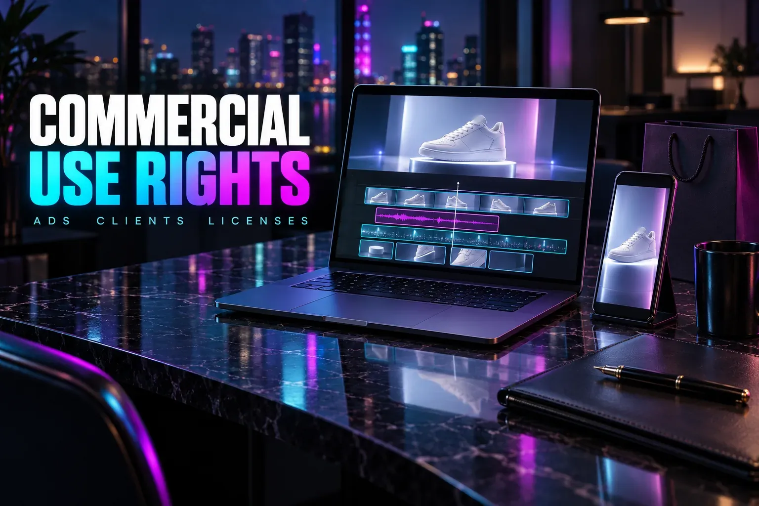 Laptop with a white sneaker ad on a glowing pedestal, a timeline with one music block outlined in magenta, a phone with the vertical ad, a leather folder, titled Commercial Use Rights
