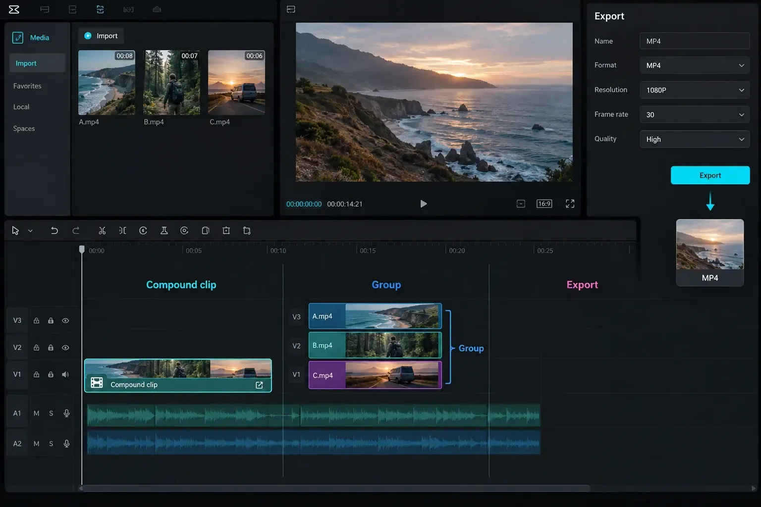 Compound clip, grouped timeline items and exported MP4 compared inside a CapCut workflow