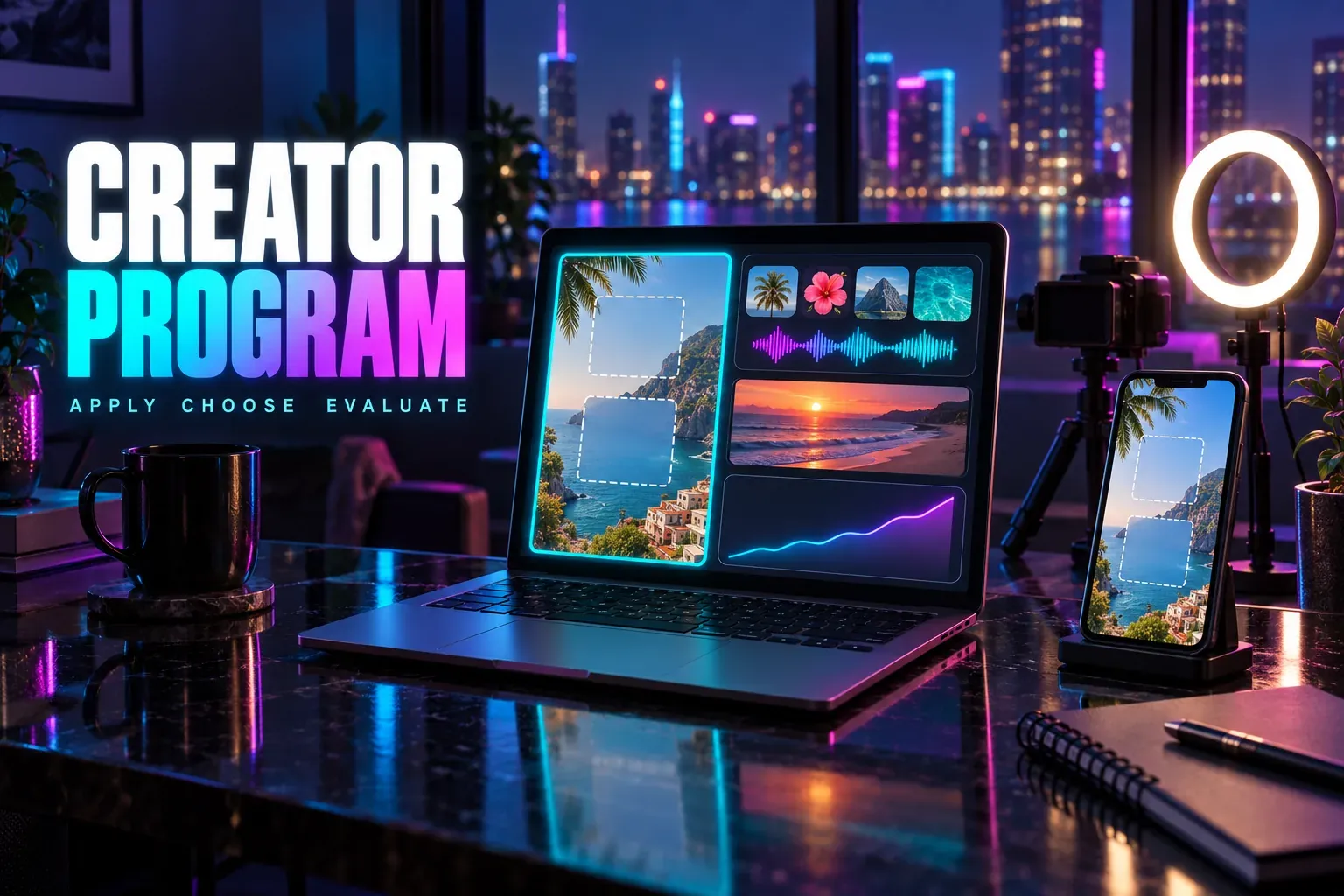 Laptop with four creator panels: a travel template with two dashed slots outlined in cyan, asset tiles, a beach clip, a rising line graph, a phone, a ring light, titled Creator Program