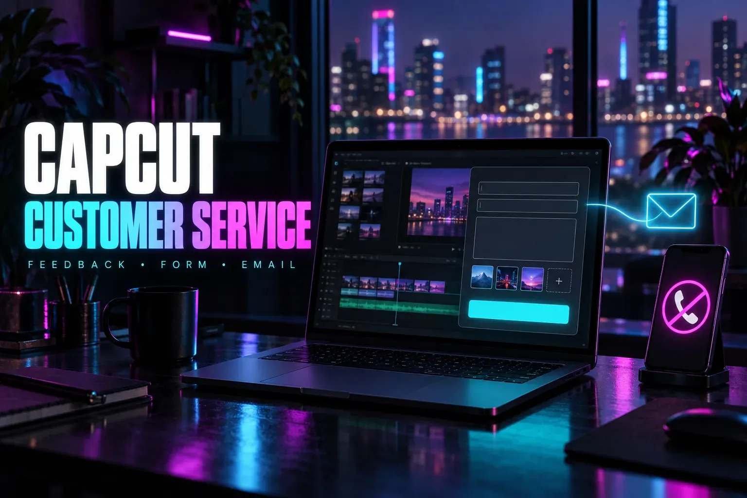 Laptop with a support request form, a phone showing a crossed-out call icon and a glowing email envelope under the title CapCut Customer Service