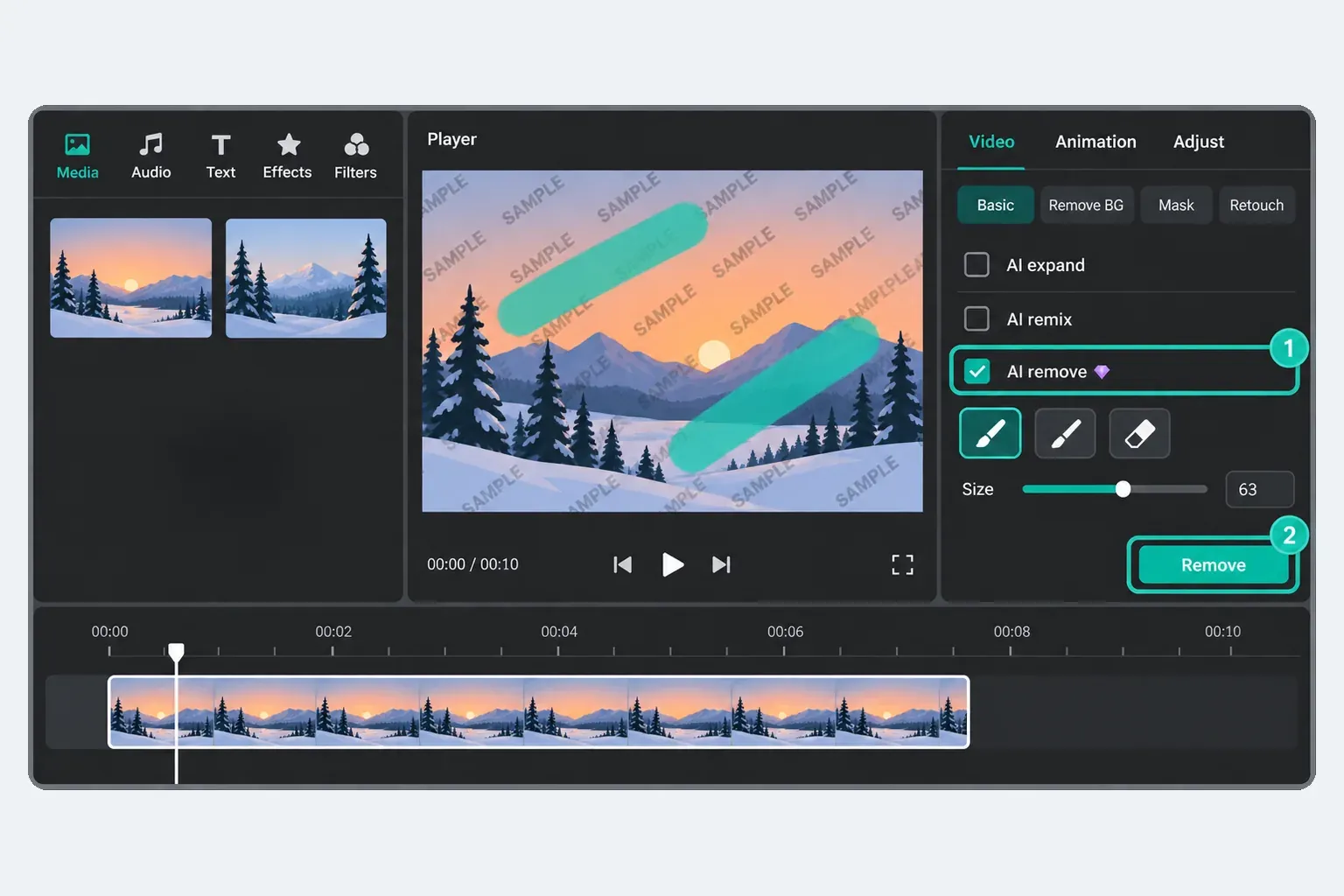 CapCut Desktop Video Basic panel with AI remove ticked, brush and eraser buttons, a Size slider at 63 and the Remove button, with brush strokes painted over a repeated sample mark in the player