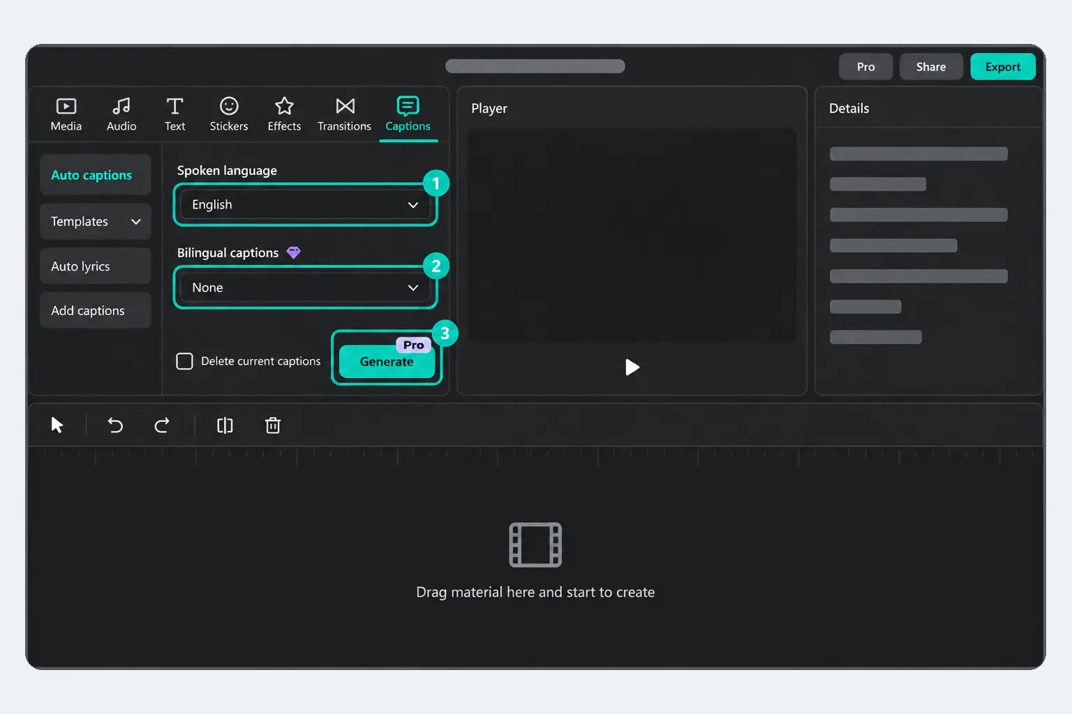 CapCut Desktop Auto captions panel with a Spoken language menu, a Pro-marked Bilingual captions option, a Delete current captions checkbox and a Generate button