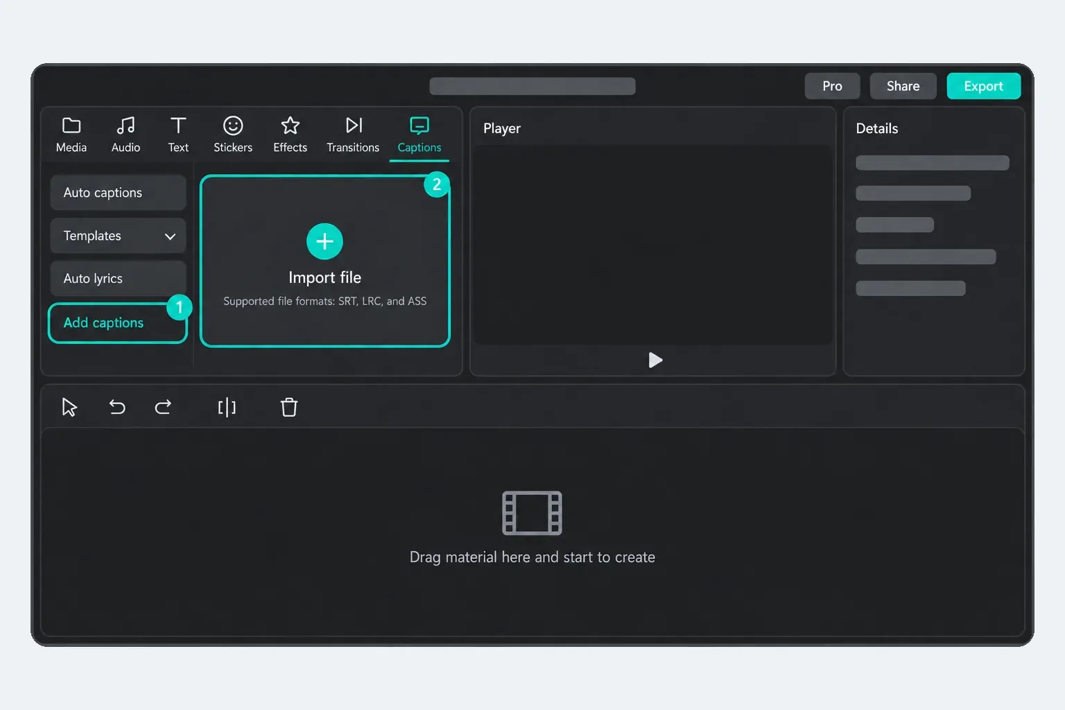 CapCut Desktop Captions tab with Add captions selected and an Import file box listing SRT, LRC and ASS as supported formats