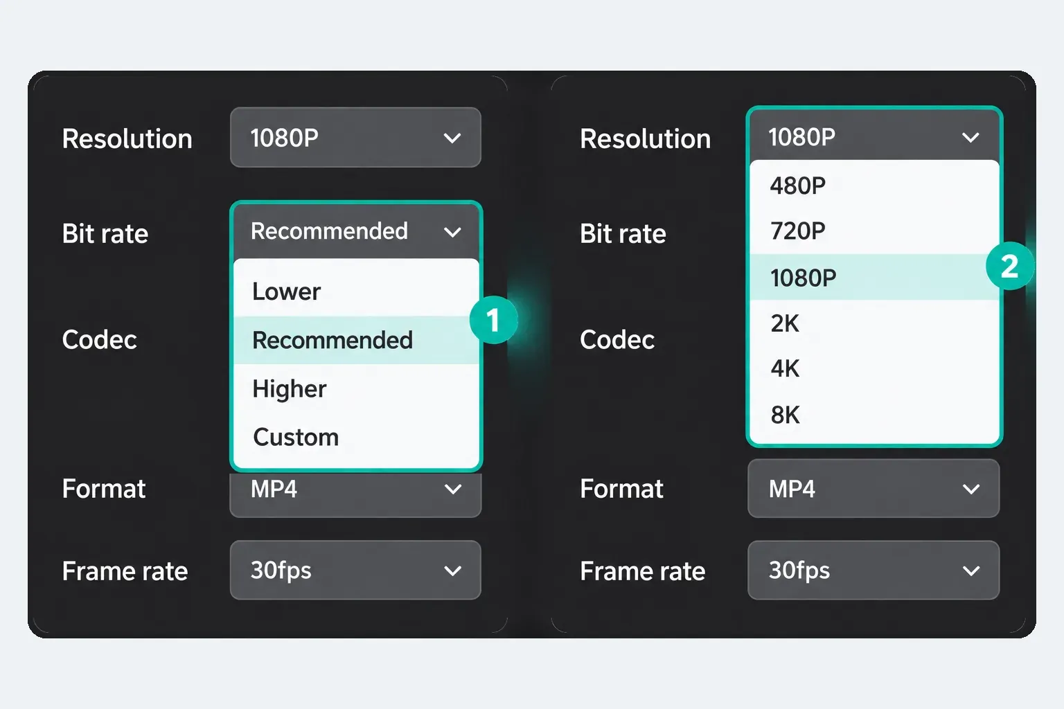 CapCut Desktop export panel with the Bit rate list open on Lower, Recommended, Higher and Custom, and the Resolution list open from 480P to 8K