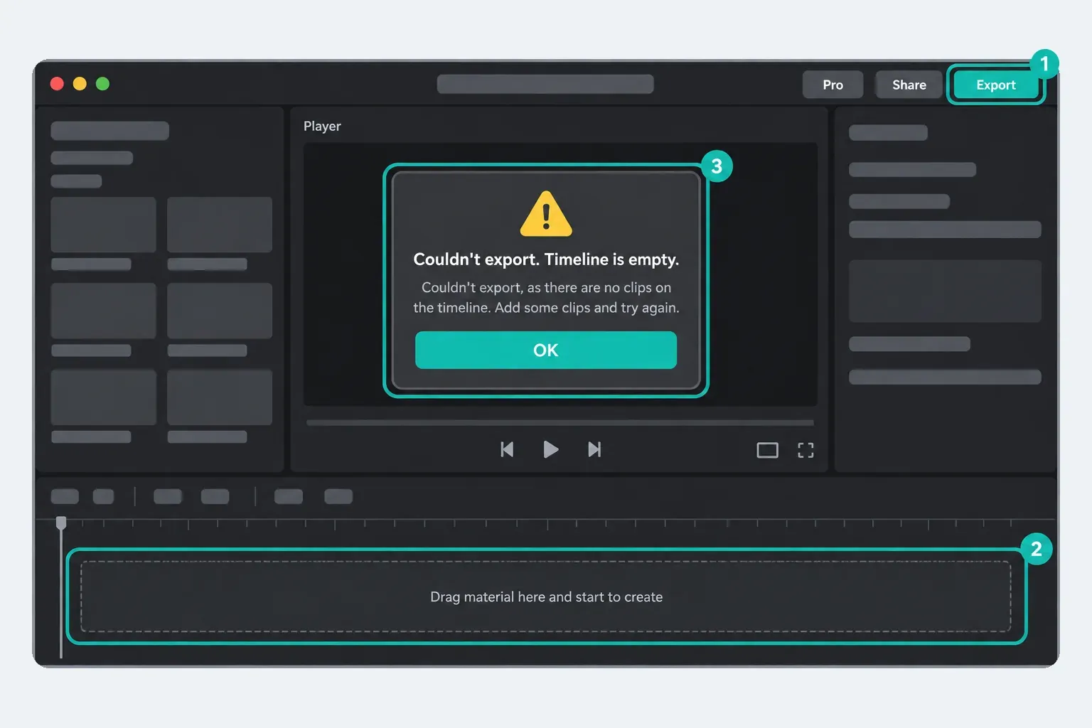 CapCut Desktop warning that reads Couldn't export. Timeline is empty, with an OK button