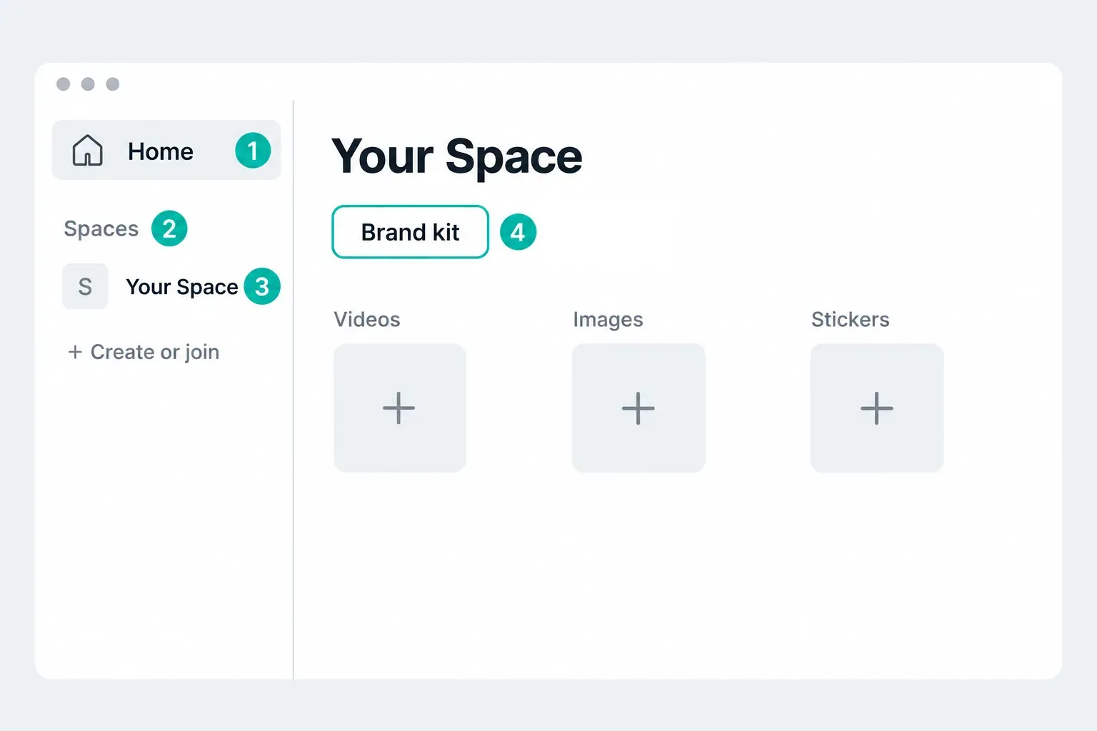 CapCut Desktop home window with Home (1), the Spaces heading (2), a Space in the sidebar (3) and its Brand kit tab (4) showing upload tiles for videos, images and stickers