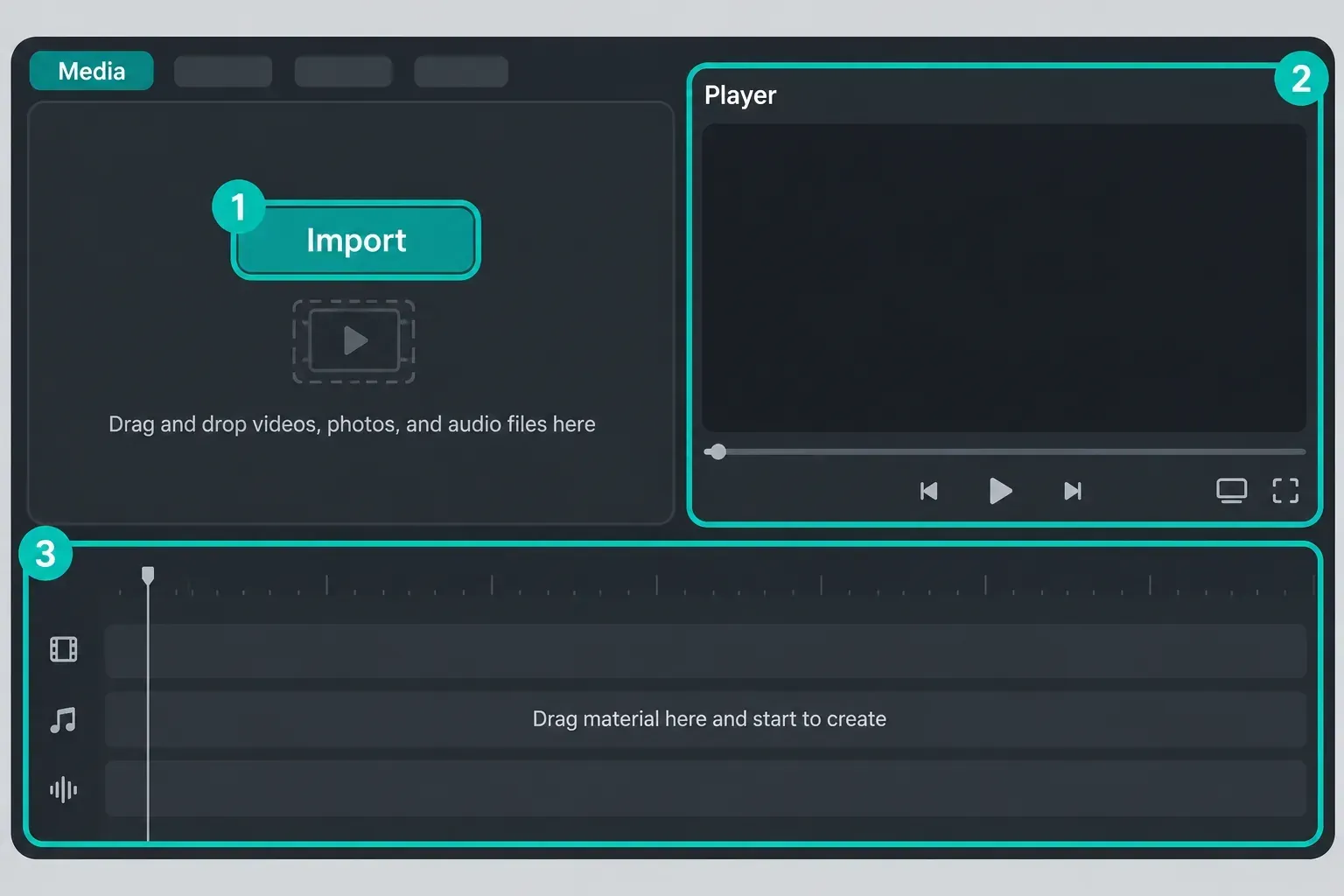 CapCut Desktop layout with Import in the Media panel (1), the Player (2) and the empty timeline (3)