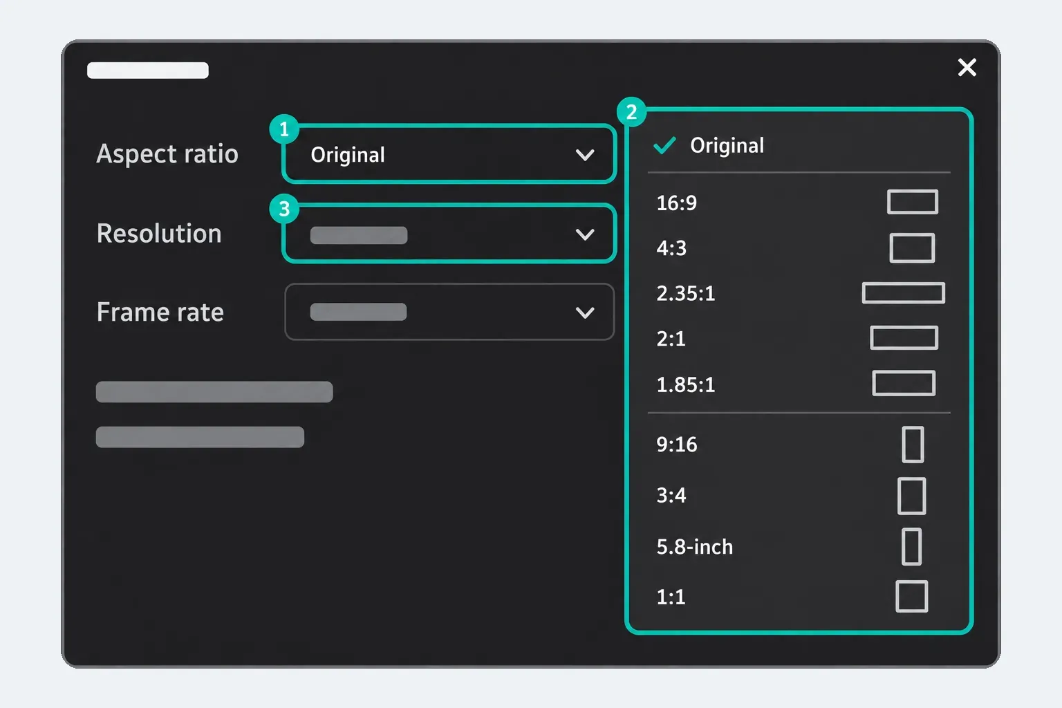 CapCut Desktop project settings with the Aspect ratio field, its open preset menu from Original and 16:9 to 9:16 and 1:1, and the separate Resolution field highlighted