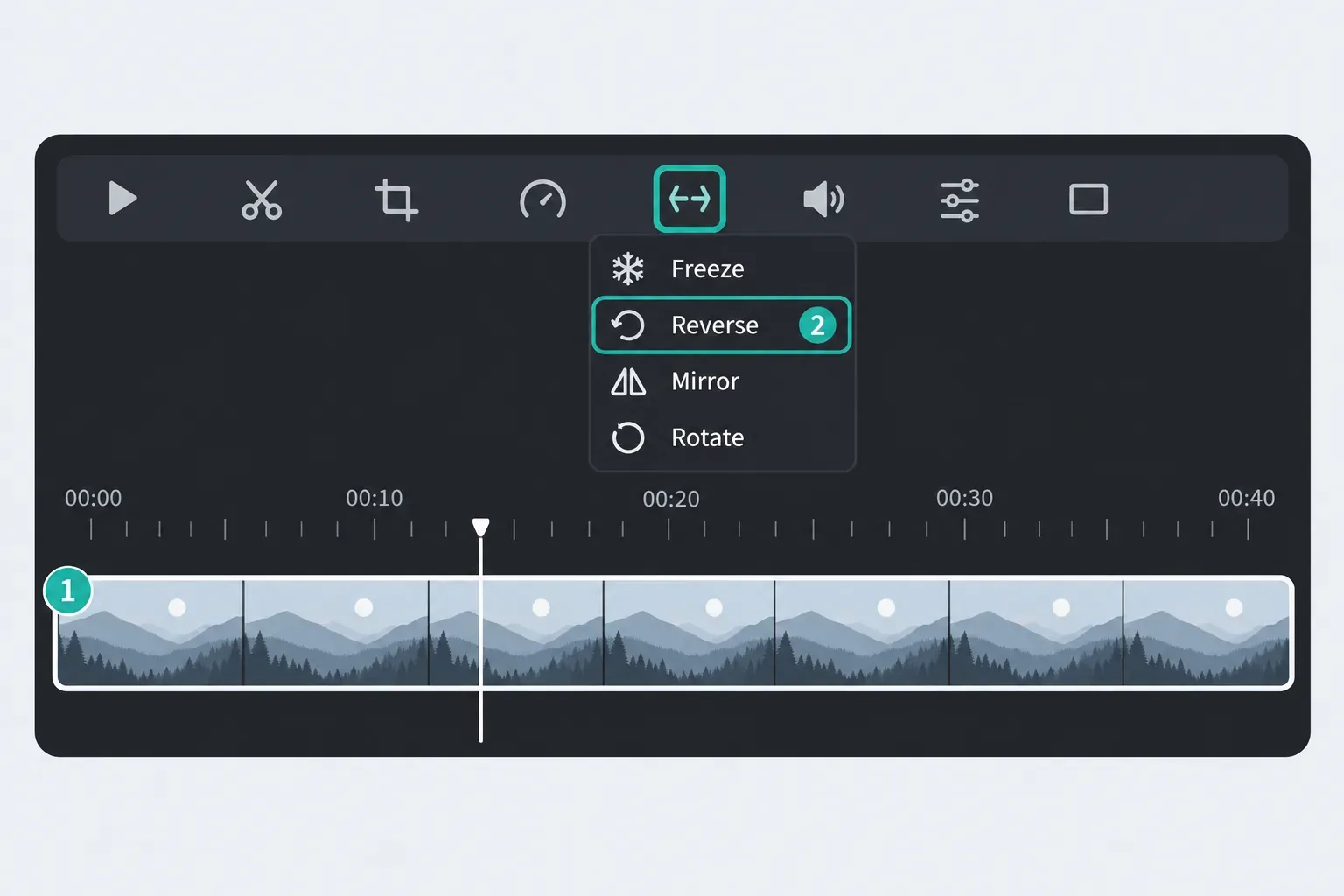 CapCut Desktop timeline with a selected clip and a toolbar menu listing Freeze, Reverse, Mirror and Rotate, with Reverse highlighted