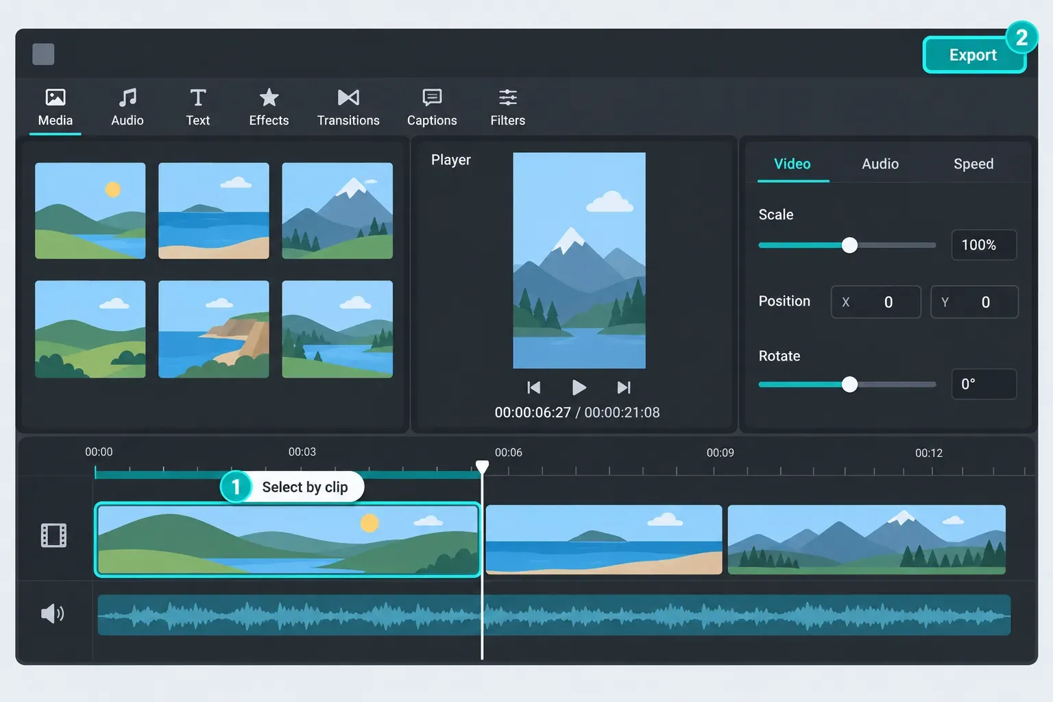 CapCut Desktop timeline with the first video clip selected, its span highlighted on the ruler, a Select by clip label and the Export button