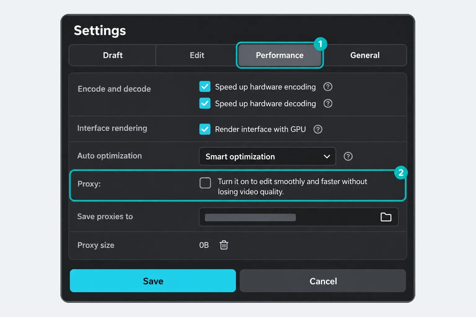 CapCut Desktop Settings dialog on the Performance tab with the unchecked Proxy checkbox and its description highlighted below hardware encoding, GPU rendering and Auto optimization