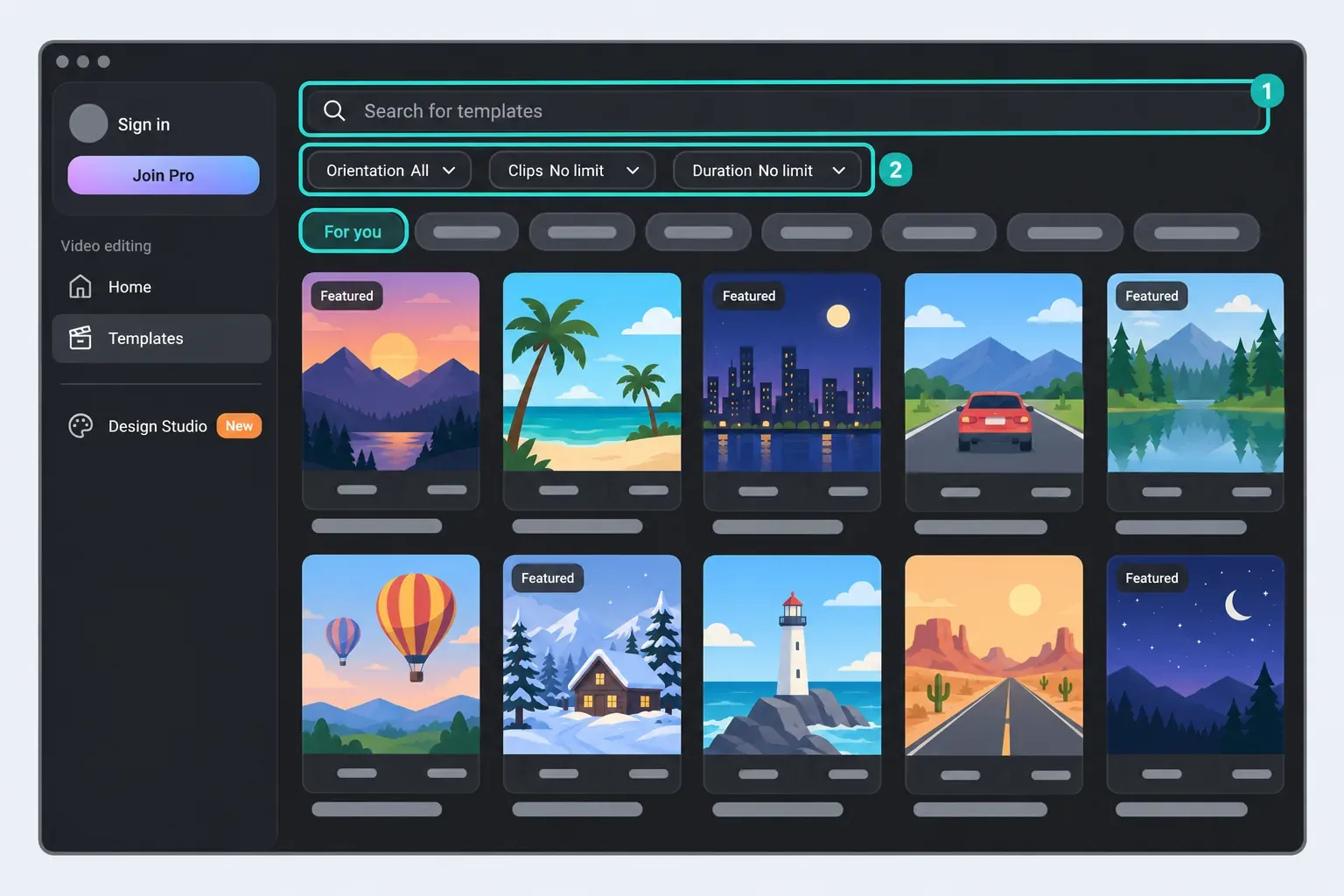 CapCut Desktop Templates catalog with a search bar, Orientation, Clips and Duration filters and a grid of template cards