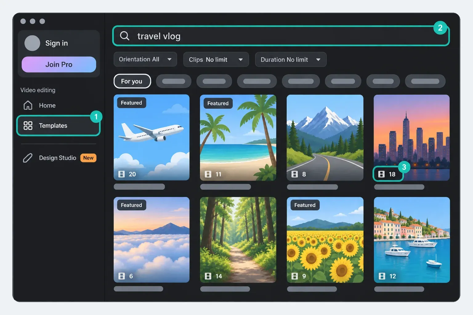 CapCut Desktop Templates page with the Templates tab selected, a travel vlog search, Orientation, Clips and Duration filters and the clip count on a template card highlighted