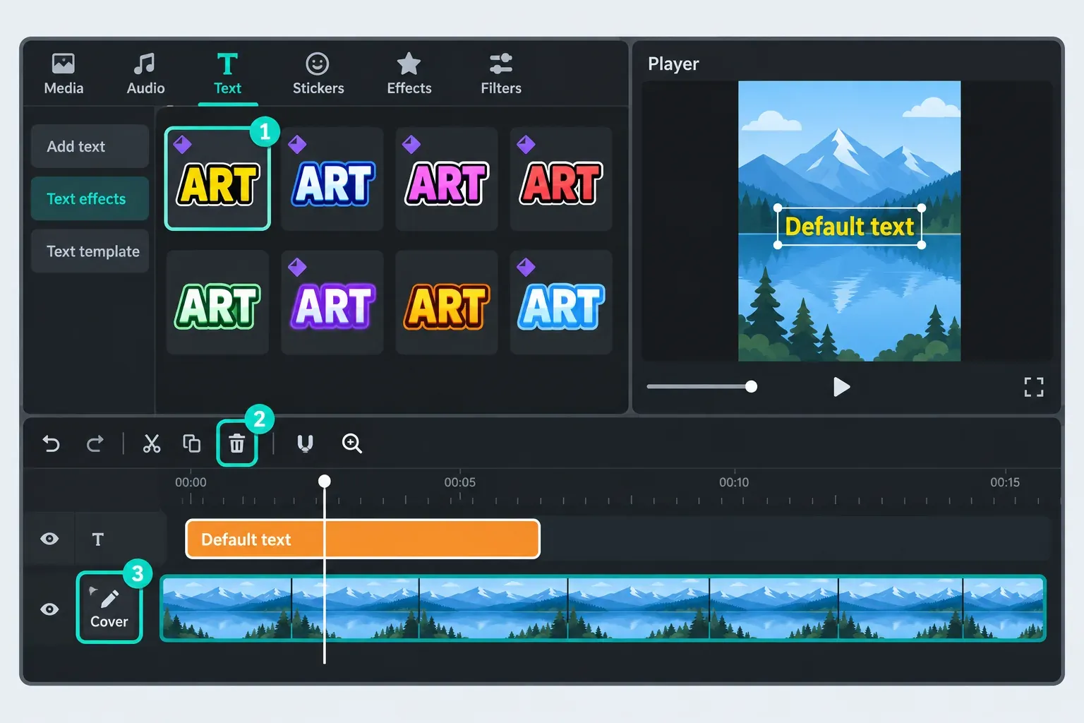 CapCut Desktop Text effects grid with diamond badges on paid styles, a selected text layer above the video track, and the timeline Delete icon and Cover button highlighted